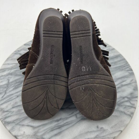 Minnetonka Fringe Wedge Booties Womens 5.5 Espresso Brown Suede Ankle Heel Boots - Picture 7 of 11